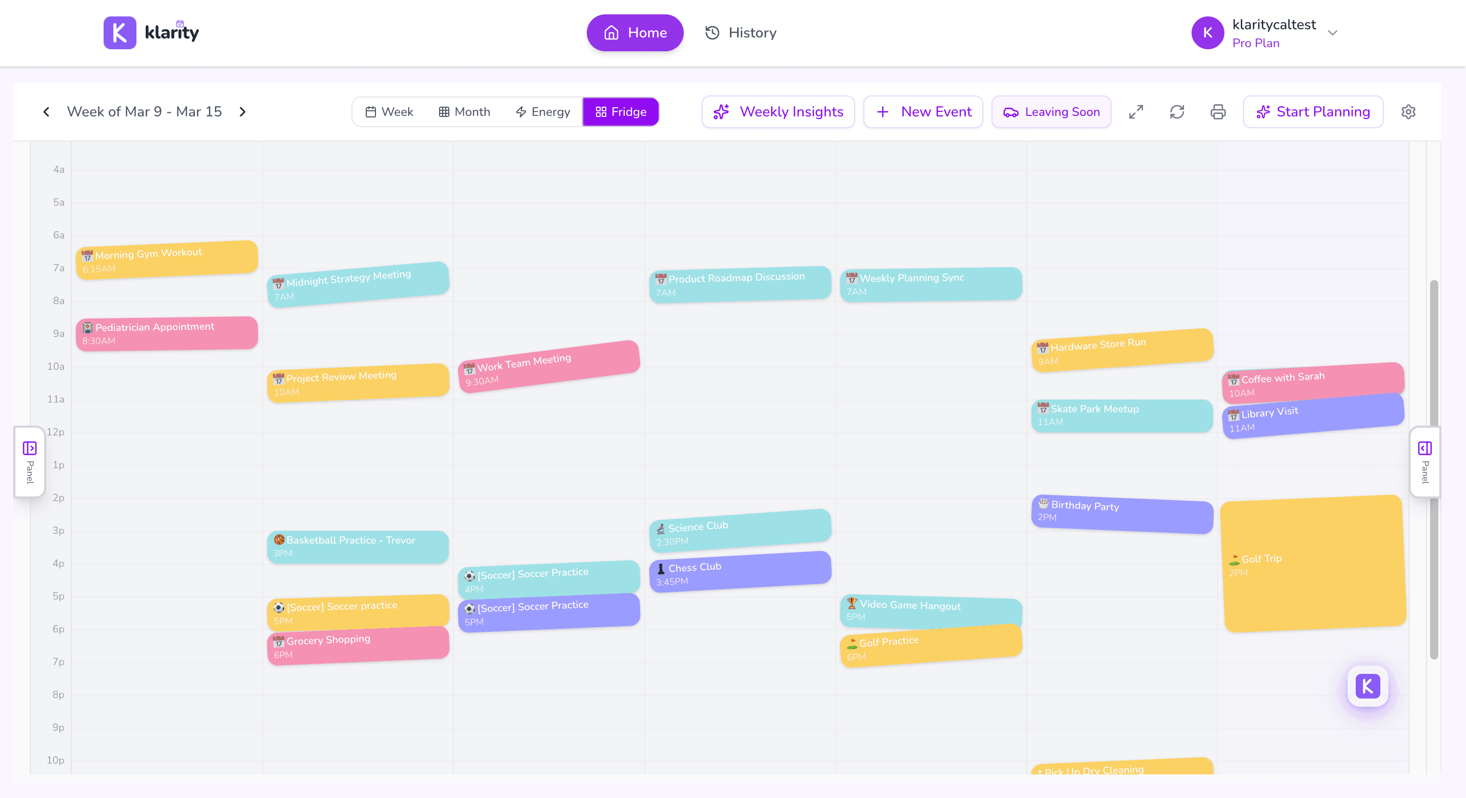 Klarity weekly calendar view showing all family events