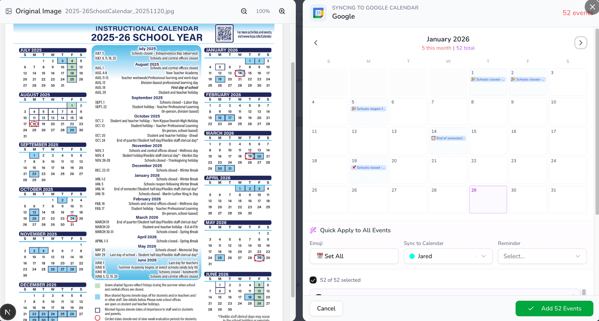 Upload school calendar PDF and sync 50 events in seconds